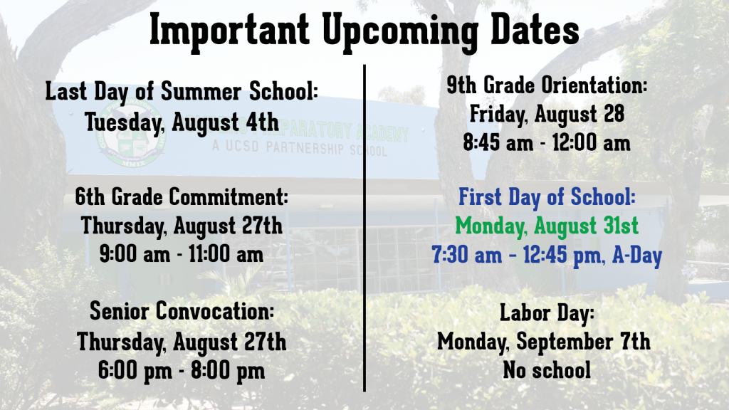 Important Upcoming Dates! Mark Your Calendar