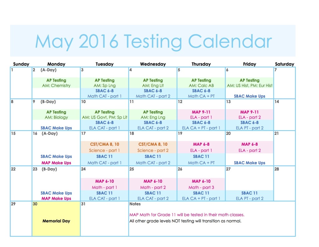 May Testing 2016 Calendar